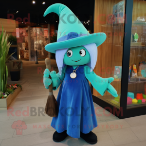 Cyan Witch mascot costume character dressed with a Dungarees and Earrings