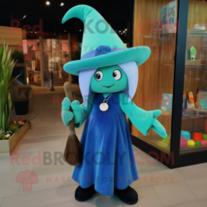 Cyan Witch mascot costume character dressed with a Dungarees and Earrings