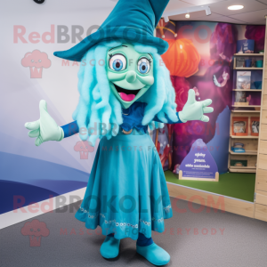 Cyan Witch mascot costume character dressed with a Dungarees and Earrings