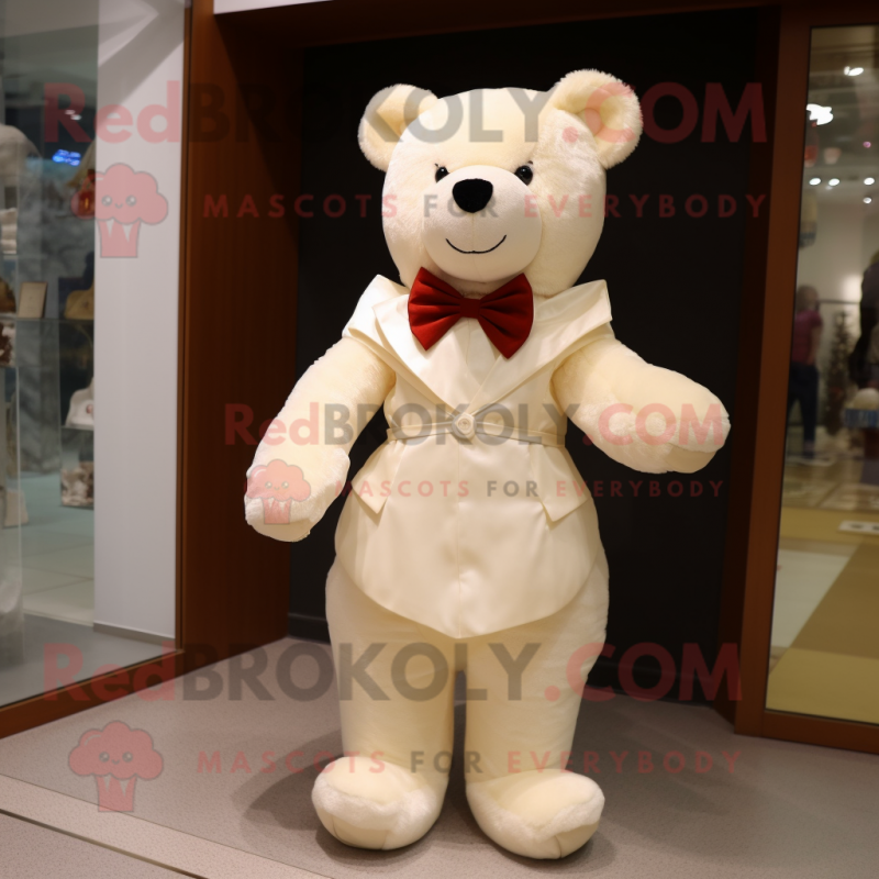 Cream Teddy Bear mascot costume character dressed with a Wedding Dress and Bow ties Cream Teddy Bear mascot costume character dressed with a Wedding Dress and Bow ties