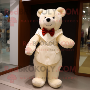 Cream Teddy Bear mascot costume character dressed with a Wedding Dress and Bow ties
