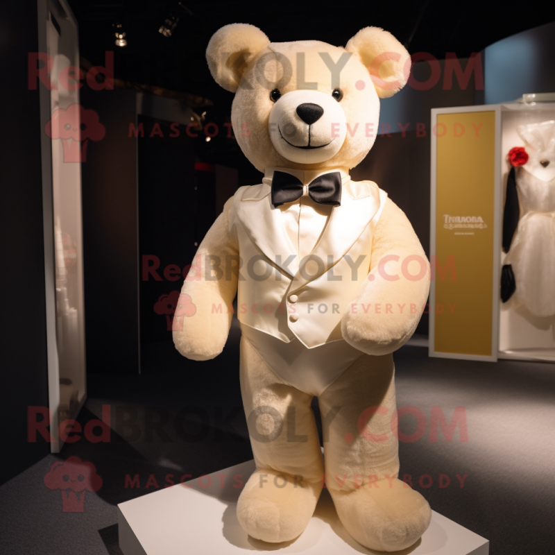 Cream Teddy Bear mascot costume character dressed with a Wedding Dress and Bow ties Cream Teddy Bear mascot costume character dressed with a Wedding Dress and Bow ties