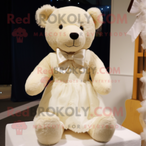Cream Teddy Bear mascot costume character dressed with a Wedding Dress and Bow ties