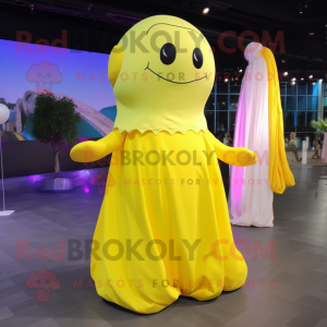 Lemon Yellow Whale mascot costume character dressed with a Evening Gown and Belts
