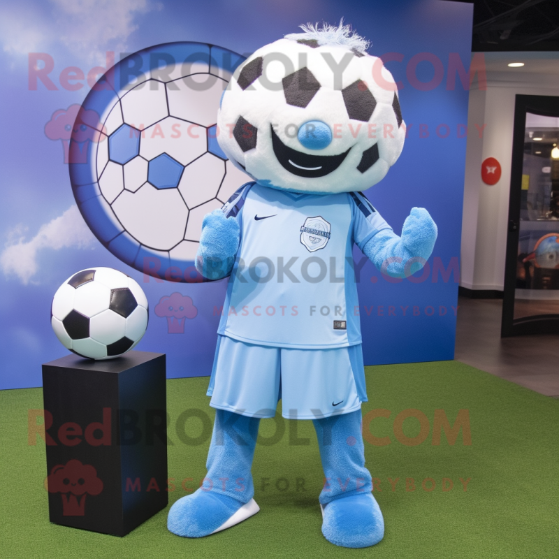 Sky Blue Soccer Ball mascot costume character dressed with a Leggings and Scarf clips