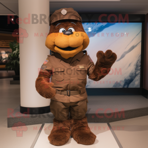 Brown American Soldier mascot costume character dressed with a Skinny Jeans and Mittens