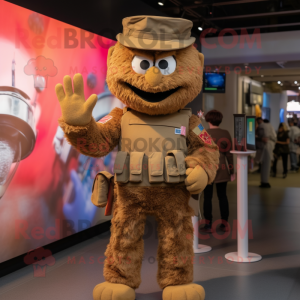 Brown American Soldier mascot costume character dressed with a Skinny Jeans and Mittens