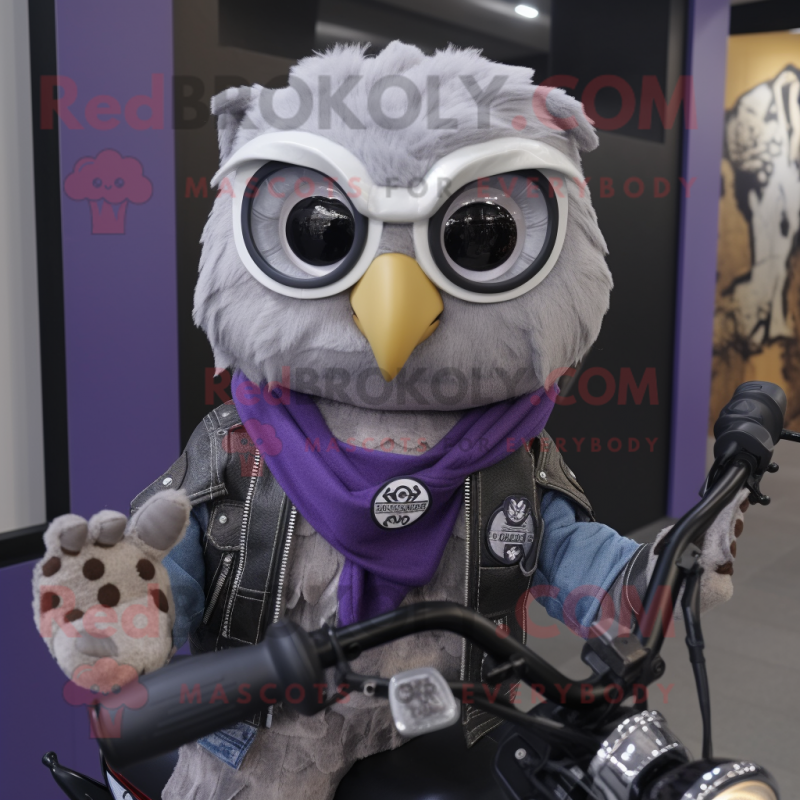 Lavender Owl mascot costume character dressed with a Biker Jacket and Shawls