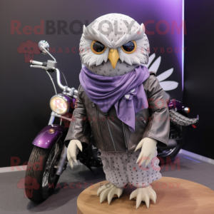 Lavender Owl mascot costume character dressed with a Biker Jacket and Shawls