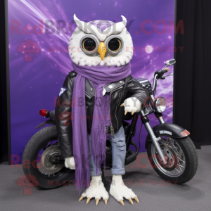 Lavender Owl mascot costume character dressed with a Biker Jacket and Shawls