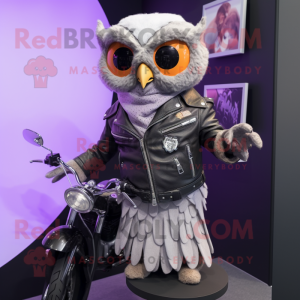 Lavender Owl mascot costume character dressed with a Biker Jacket and Shawls