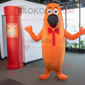 Orange Hot Dog mascot costume character dressed with a Empire Waist Dress and Pocket squares