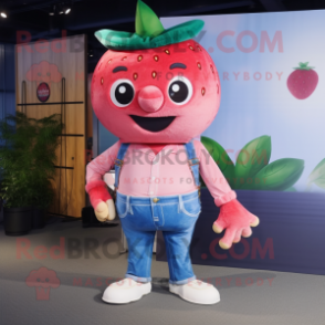 Pink Strawberry mascot costume character dressed with a Boyfriend Jeans and Headbands