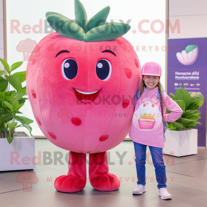 Pink Strawberry mascot costume character dressed with a Boyfriend Jeans and Headbands