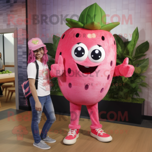 Pink Strawberry mascot costume character dressed with a Boyfriend Jeans and Headbands