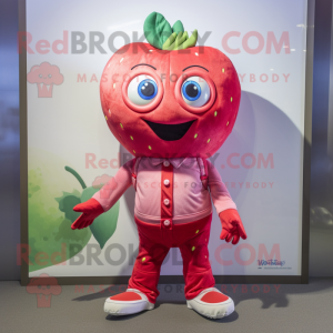 Pink Strawberry mascot costume character dressed with a Boyfriend Jeans and Headbands