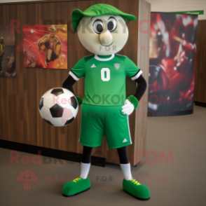 Forest Green Soccer Goal mascot costume character dressed with a Capri Pants and Shoe laces