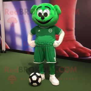 Forest Green Soccer Goal mascot costume character dressed with a Capri Pants and Shoe laces