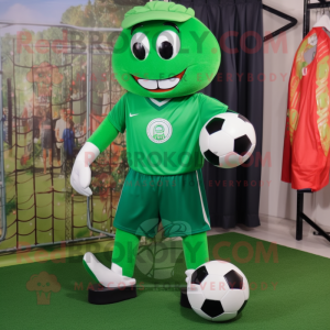 Forest Green Soccer Goal mascot costume character dressed with a Capri Pants and Shoe laces