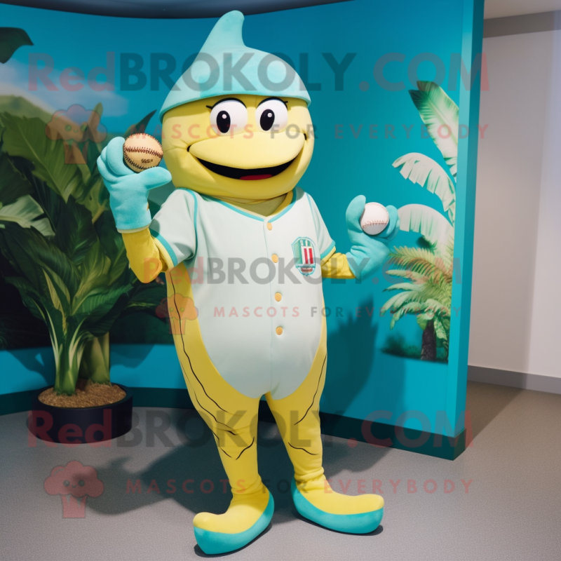 Turquoise Banana mascot costume character dressed with a Baseball Tee and Clutch bags