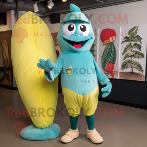 Turquoise Banana mascot costume character dressed with a Baseball Tee and Clutch bags