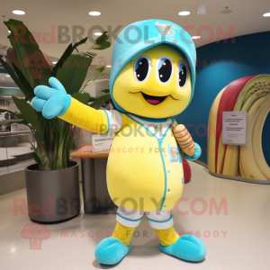 Turquoise Banana mascot costume character dressed with a Baseball Tee and Clutch bags
