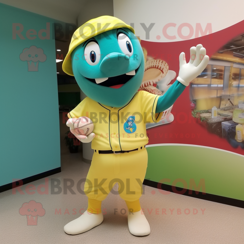 Turquoise Banana mascot costume character dressed with a Baseball Tee and Clutch bags