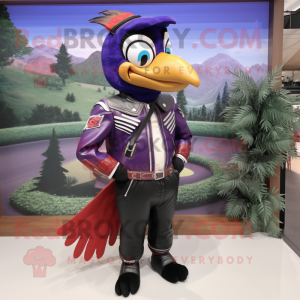 Purple Woodpecker mascot costume character dressed with a Moto Jacket and Backpacks