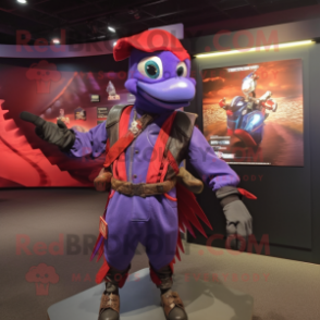 Purple Woodpecker mascot costume character dressed with a Moto Jacket and Backpacks