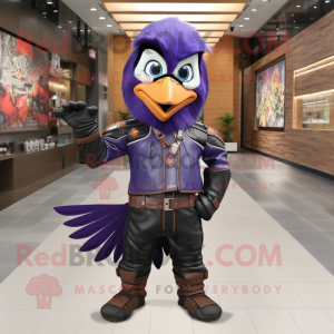 Purple Woodpecker mascot costume character dressed with a Moto Jacket and Backpacks