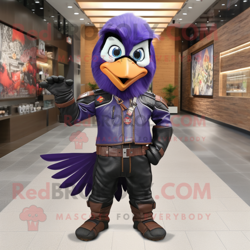 Purple Woodpecker mascot costume character dressed with a Moto Jacket and Backpacks Purple Woodpecker mascot costume character dressed with a Moto Jacket and Backpacks