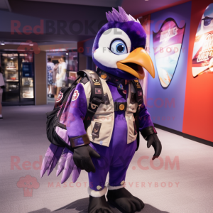 Purple Woodpecker mascot costume character dressed with a Moto Jacket and Backpacks