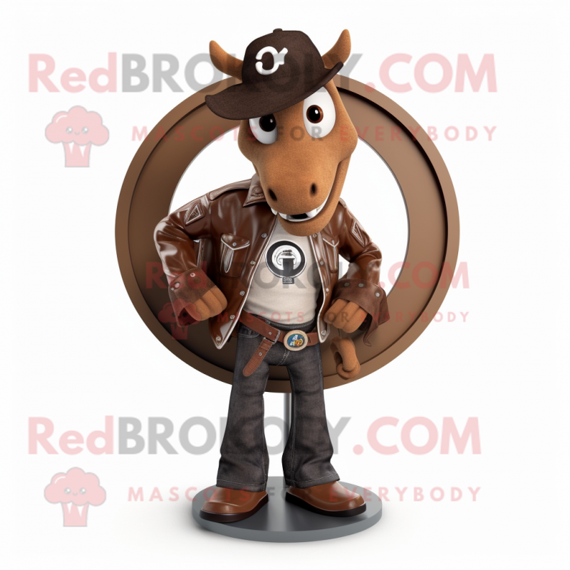 Brown Horseshoe mascot costume character dressed with a Leather Jacket and Shoe clips Brown Horseshoe mascot costume character dressed with a Leather Jacket and Shoe clips