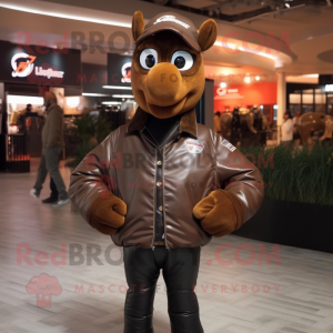 Brown Horseshoe mascot costume character dressed with a Leather Jacket and Shoe clips