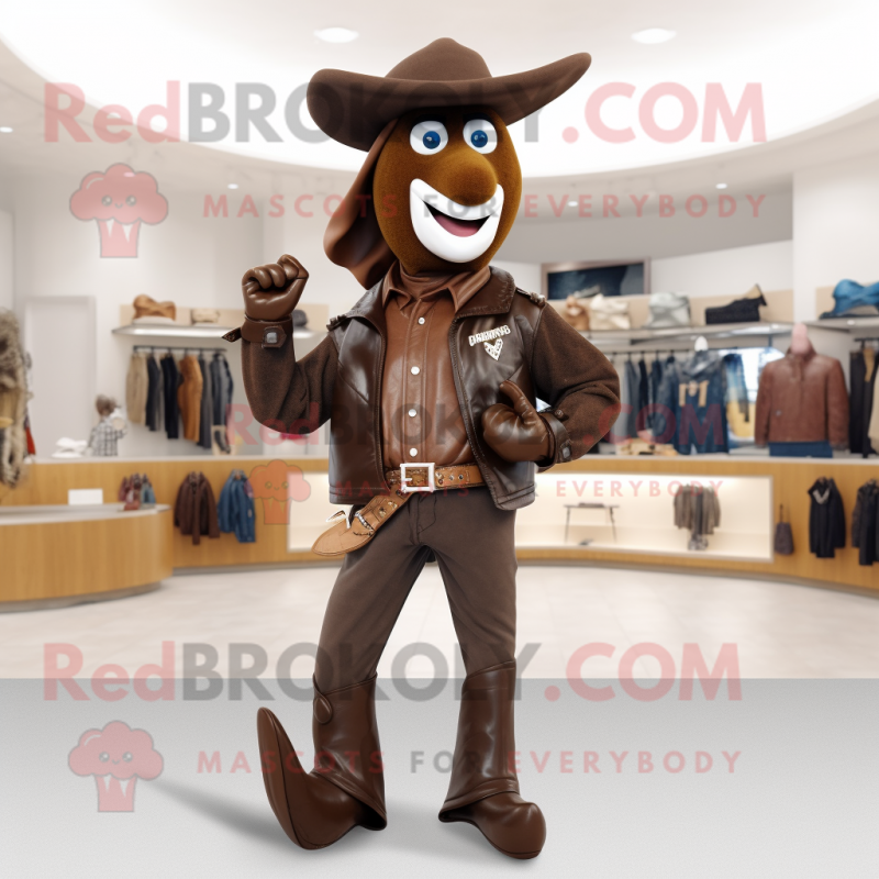 Brown Horseshoe mascot costume character dressed with a Leather Jacket and Shoe clips Brown Horseshoe mascot costume character dressed with a Leather Jacket and Shoe clips