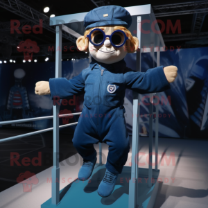 Navy Trapeze Artist mascot costume character dressed with a Romper and Reading glasses