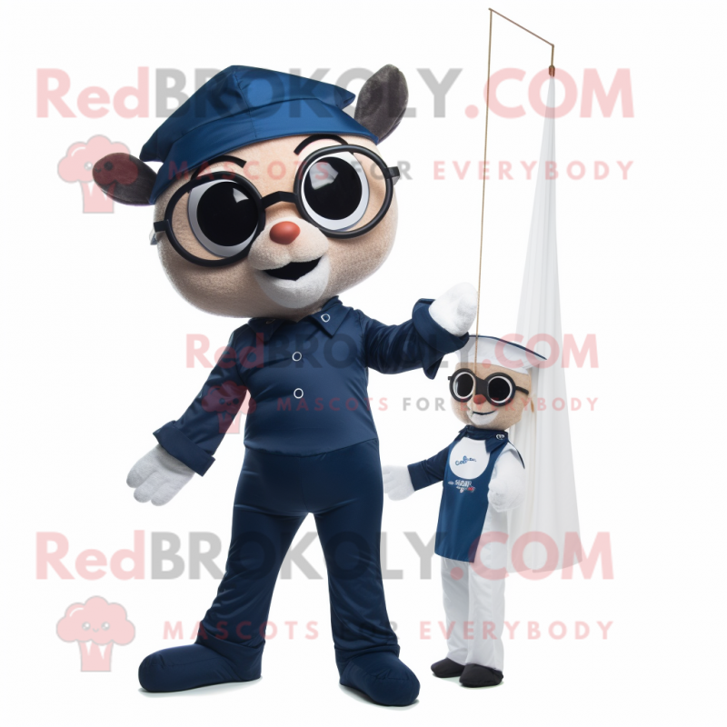 Navy Trapeze Artist mascot costume character dressed with a Romper and Reading glasses Navy Trapeze Artist mascot costume character dressed with a Romper and Reading glasses