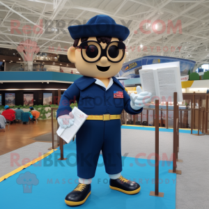 Navy Trapeze Artist mascot costume character dressed with a Romper and Reading glasses