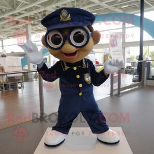 Navy Trapeze Artist mascot costume character dressed with a Romper and Reading glasses