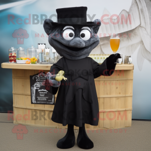 Black Fish And Chips mascot costume character dressed with a Cocktail Dress and Hats