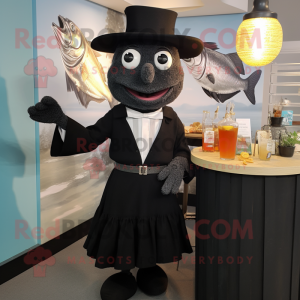 Black Fish And Chips mascot costume character dressed with a Cocktail Dress and Hats