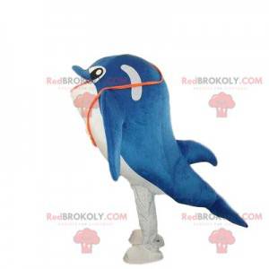 Mascotte de dauphin bleu et blanc, costume de baleine -