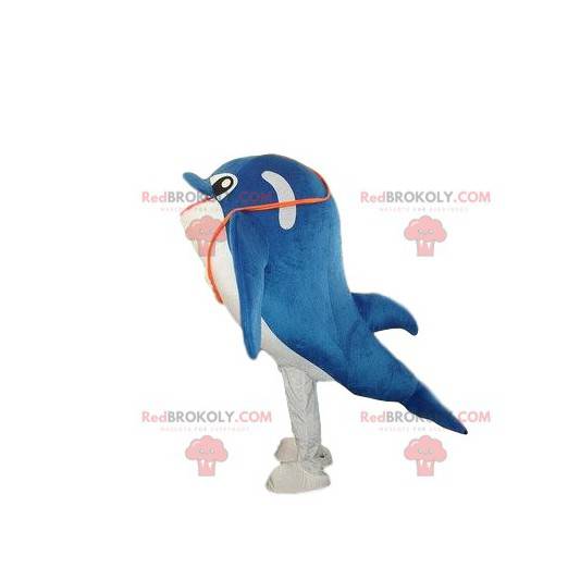 Mascote golfinho azul e branco, fantasia de baleia -