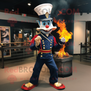 Navy Fire Eater mascot costume character dressed with a Skinny Jeans and Shoe clips