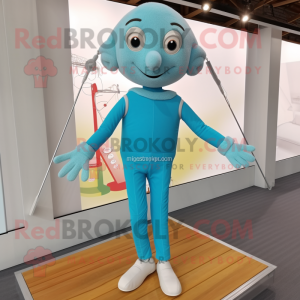 Cyan Tightrope Walker mascot costume character dressed with a Joggers and Shoe clips