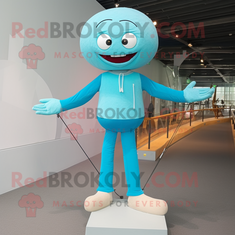 Cyan Tightrope Walker mascot costume character dressed with a Joggers and Shoe clips Cyan Tightrope Walker mascot costume character dressed with a Joggers and Shoe clips