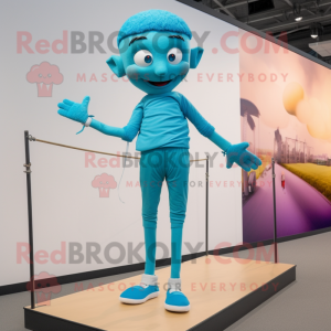 Cyan Tightrope Walker mascot costume character dressed with a Joggers and Shoe clips