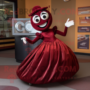 Maroon Contortionist mascot costume character dressed with a Ball Gown and Caps