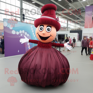 Maroon Contortionist mascot costume character dressed with a Ball Gown and Caps