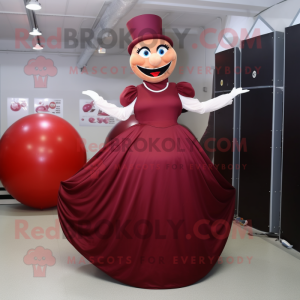 Maroon Contortionist mascot costume character dressed with a Ball Gown and Caps